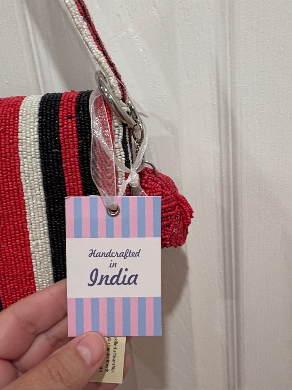 Striped & Polka Dot Beaded Shoulder Bag - Black / Red - Picture 4 of 5